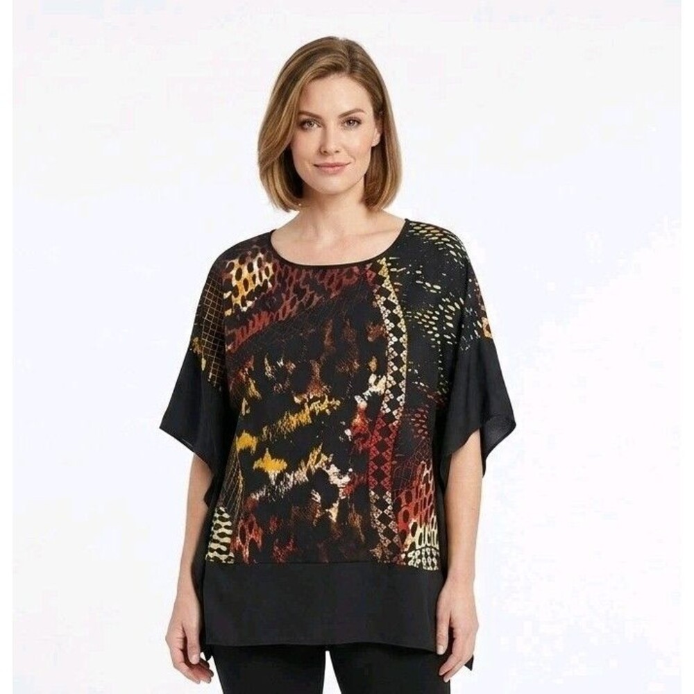 Beverly Drive Womens Top Size 1X Black Pullover Kimono Slv  Boxy Animal Print